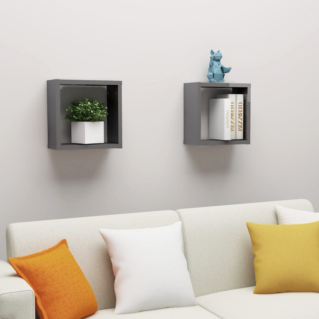 vidaXL Wall Cube Shelves 2 pcs High Gloss Grey 30x15x30 cm