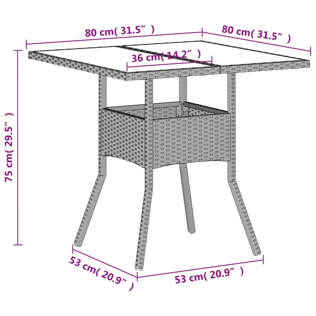 vidaXL Garden Table with Glass Top Light Grey 80x80x75 cm Poly Rattan