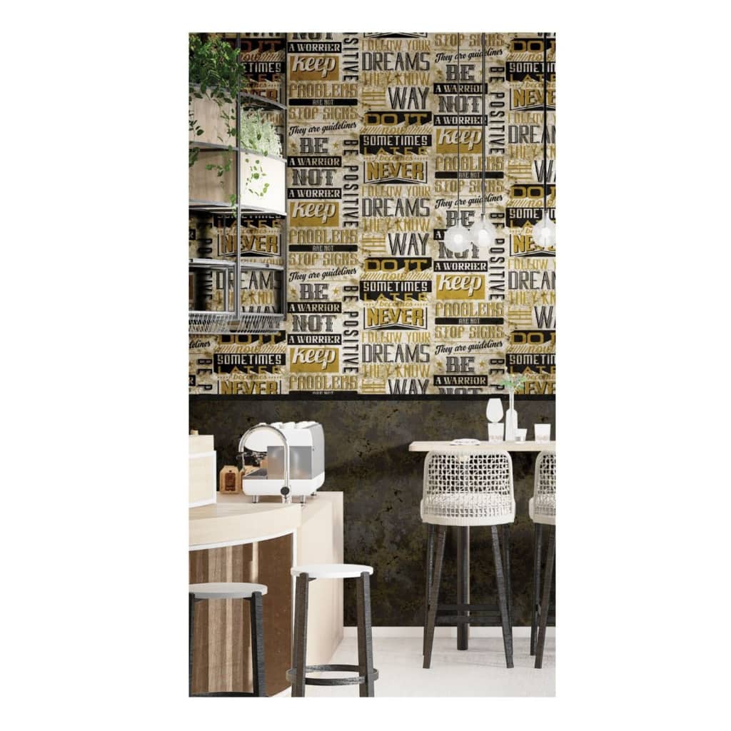 Noordwand Wallpaper Friends & Coffee Words and Letters Metallic and Black