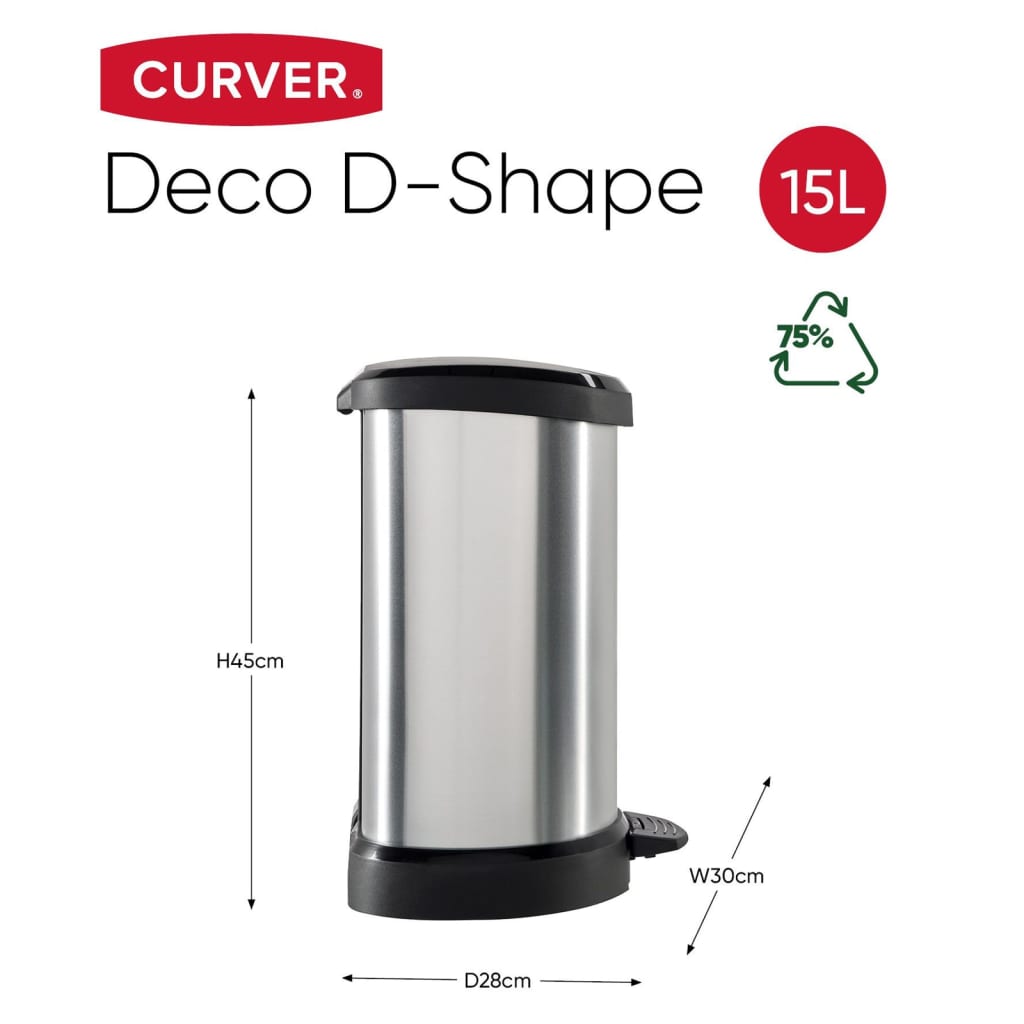 Curver Pedal Bin Deco D-Shape 15L Silver