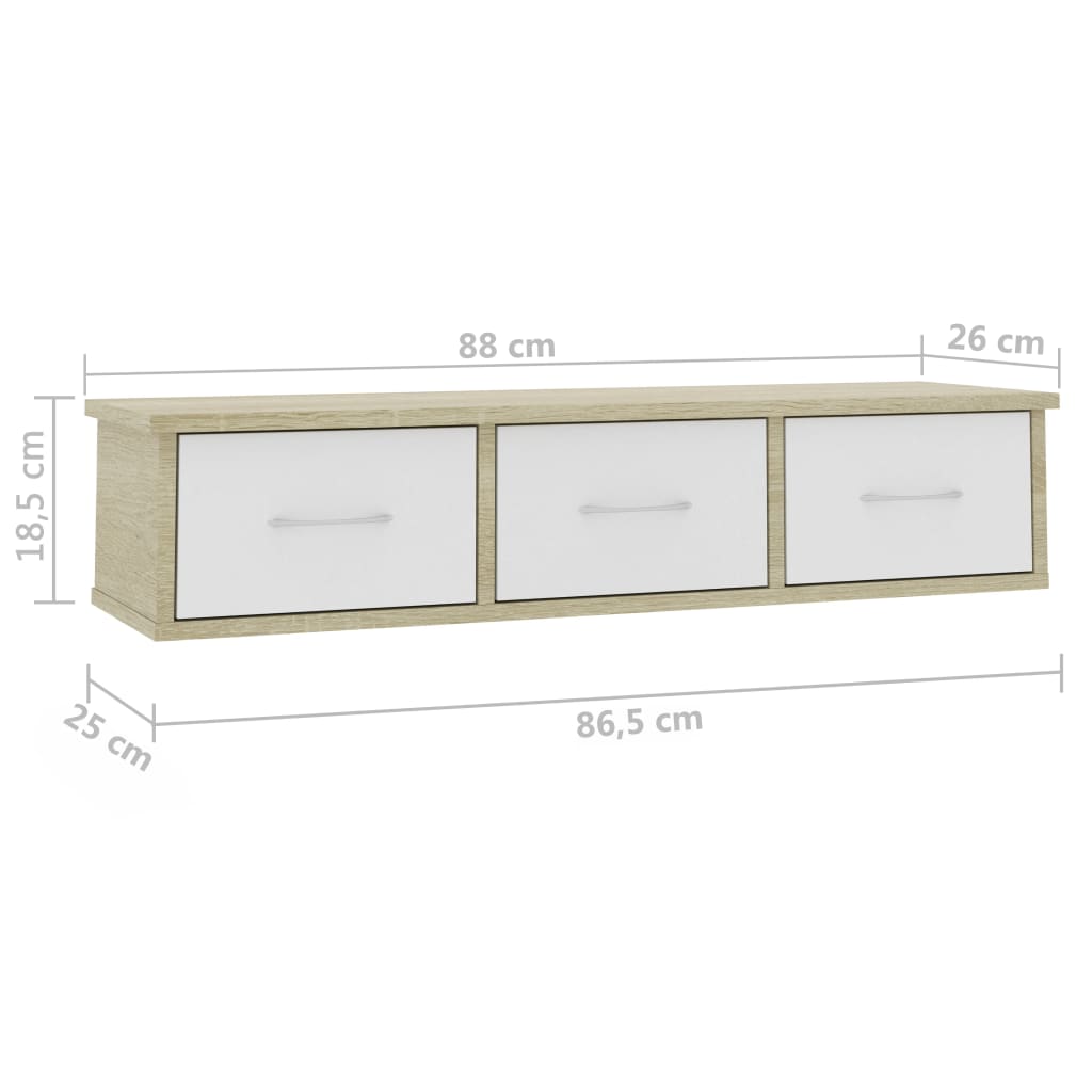 vidaXL Wall Drawer Shelf White and Sonoma Oak 88x26x18.5 cm Engineered Wood