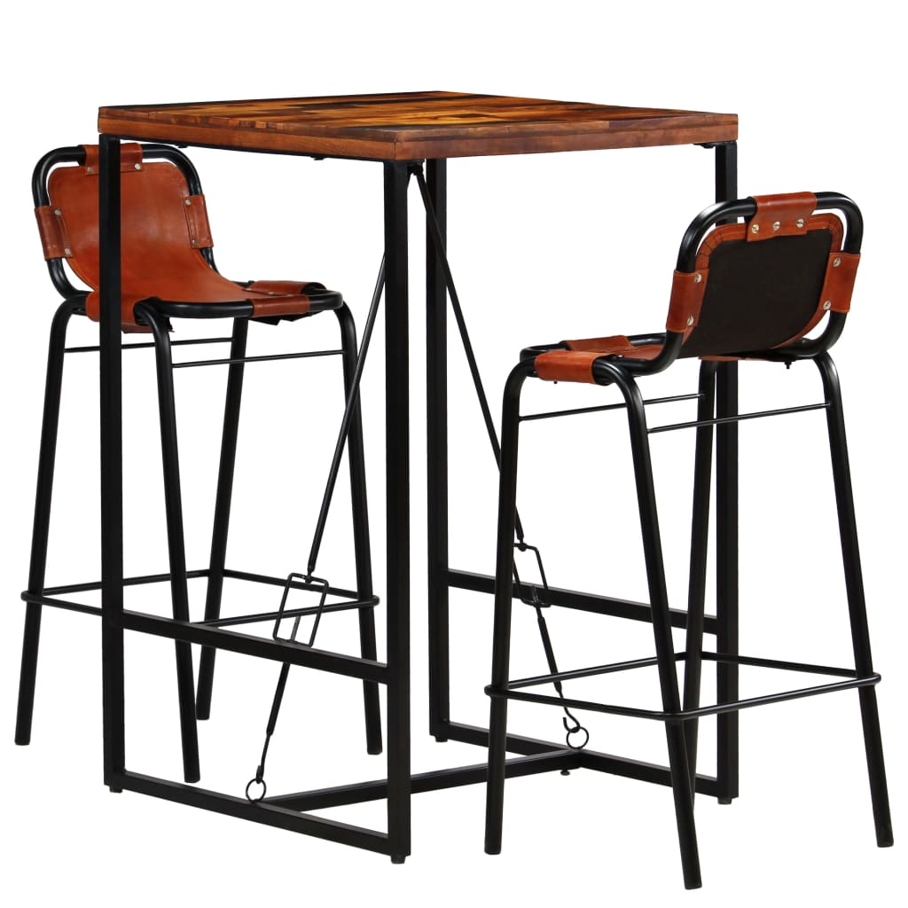 vidaXL Bar Set 3 Pieces Solid Reclaimed Wood and Genuine Goat Leather