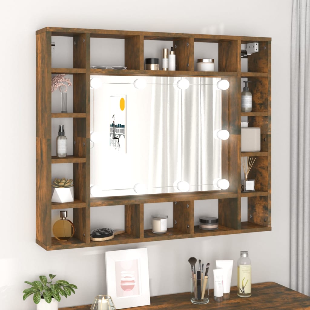 vidaXL Mirror Cabinet with LED Smoked Oak 91x15x76.5 cm