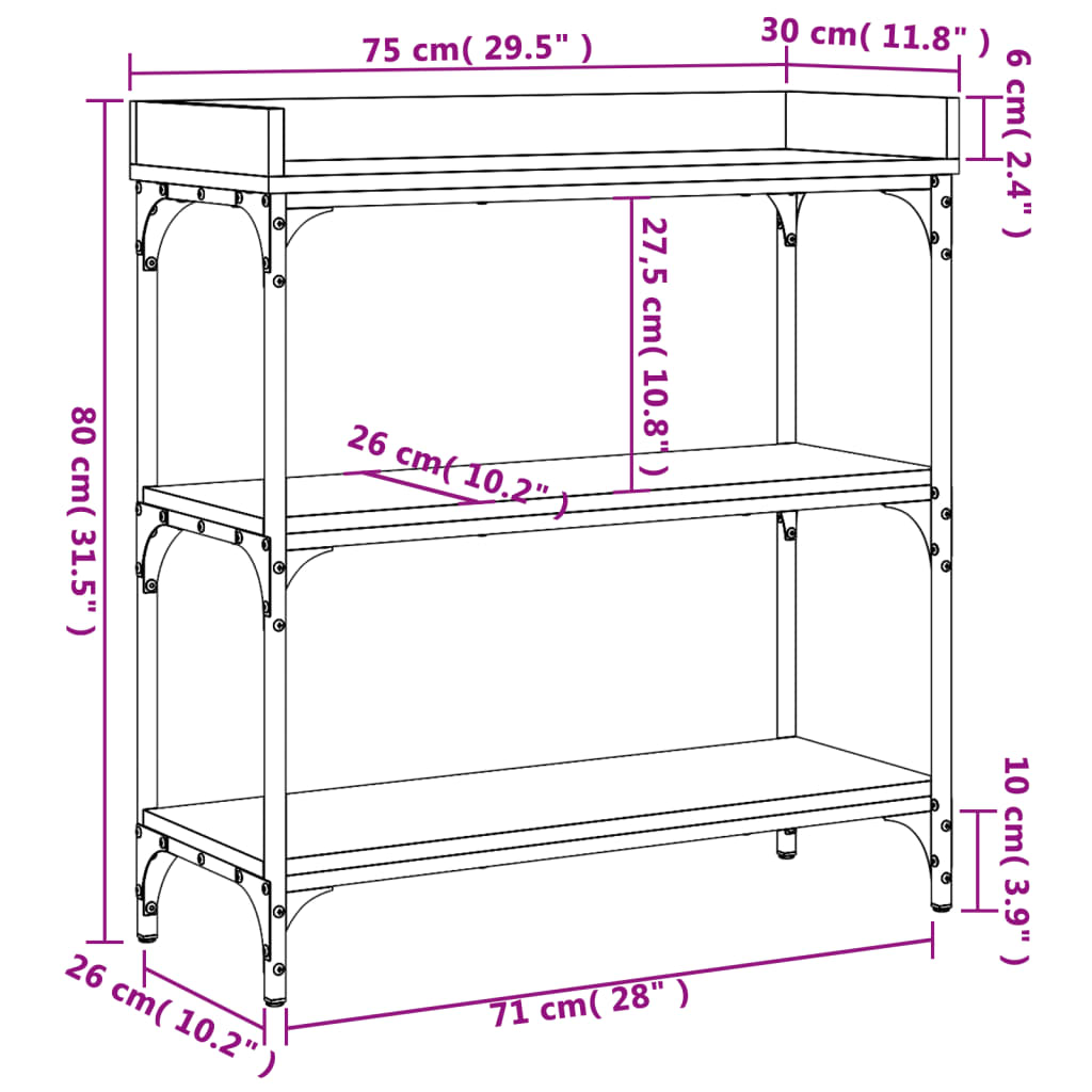 vidaXL Console Table with Shelves Grey Sonoma 75x30x80 cm