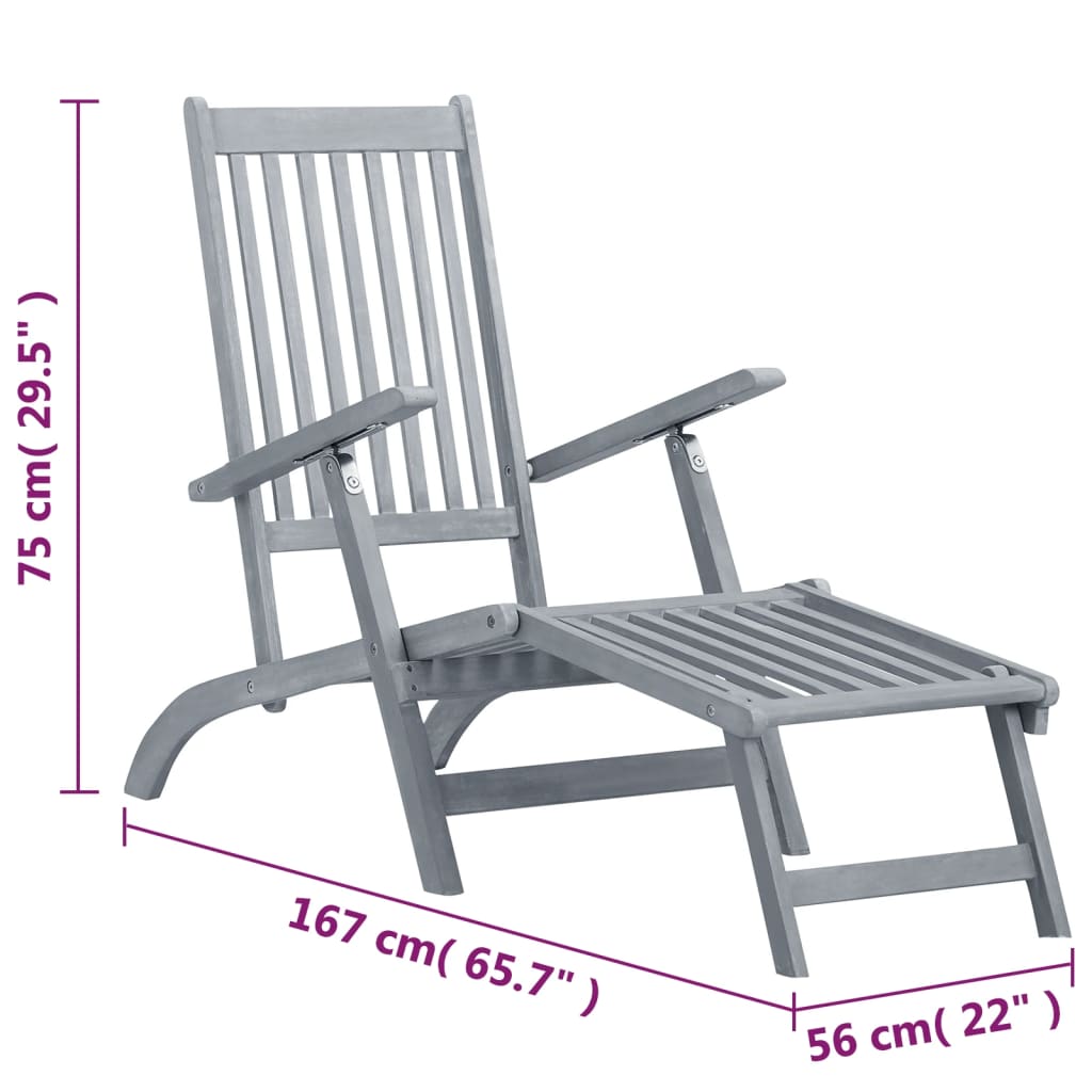 vidaXL Outdoor Deck Chair with Footrest Grey Wash Solid Acacia Wood