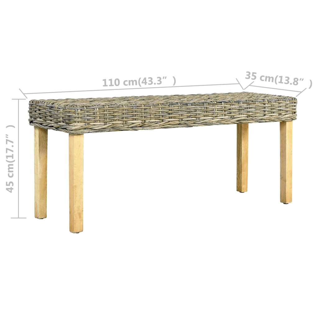 vidaXL Bench 110 cm Natural Kubu Rattan and Solid Mango Wood