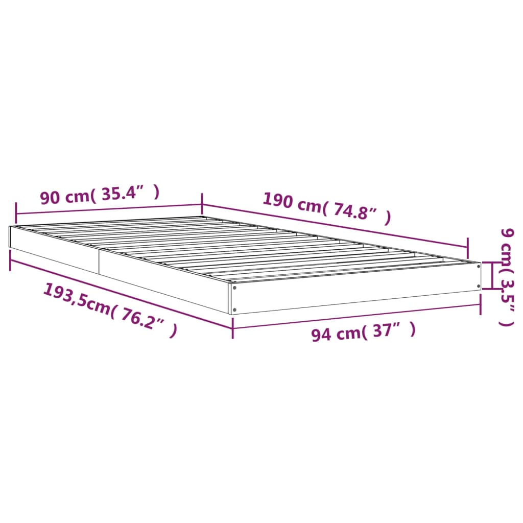 vidaXL Bed Frame Grey 90x190 cm Single Solid Wood Pine
