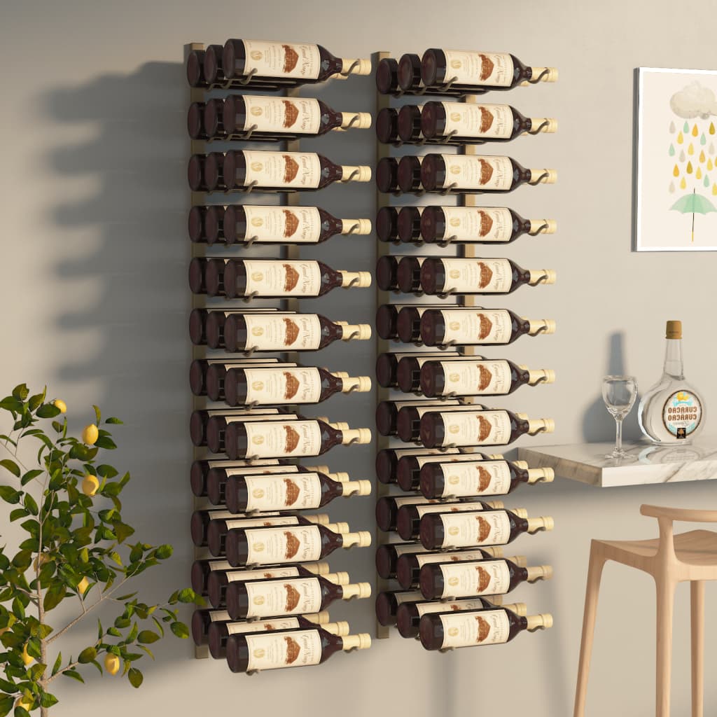 vidaXL Wall Mounted Wine Rack for 36 Bottles 2 pcs Gold Iron