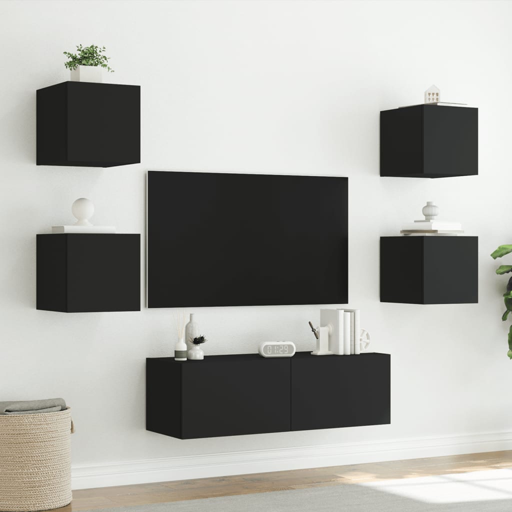 vidaXL 5 Piece TV Wall Cabinets with LED Lights Black