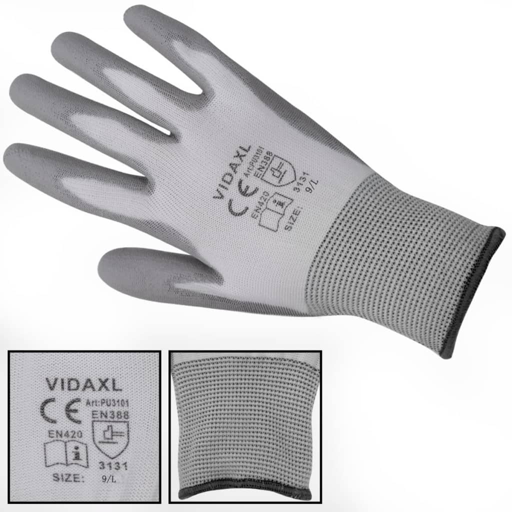 vidaXL Work Gloves PU 24 Pairs White and Grey Size 9/L