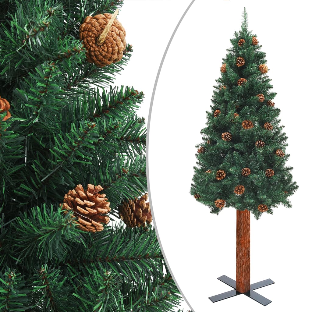 vidaXL Slim Pre-lit Christmas Tree with Real Wood&Cones Green 180 cm