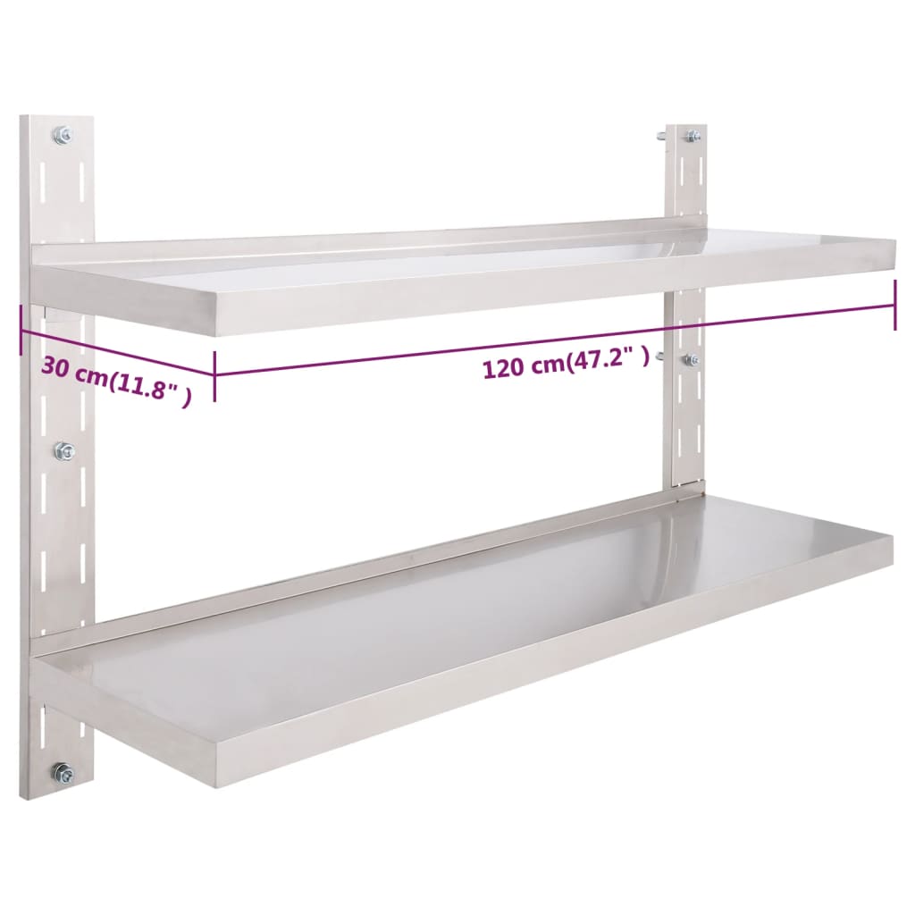 vidaXL 2-Tier Floating Wall Shelf Stainless Steel 120x30 cm