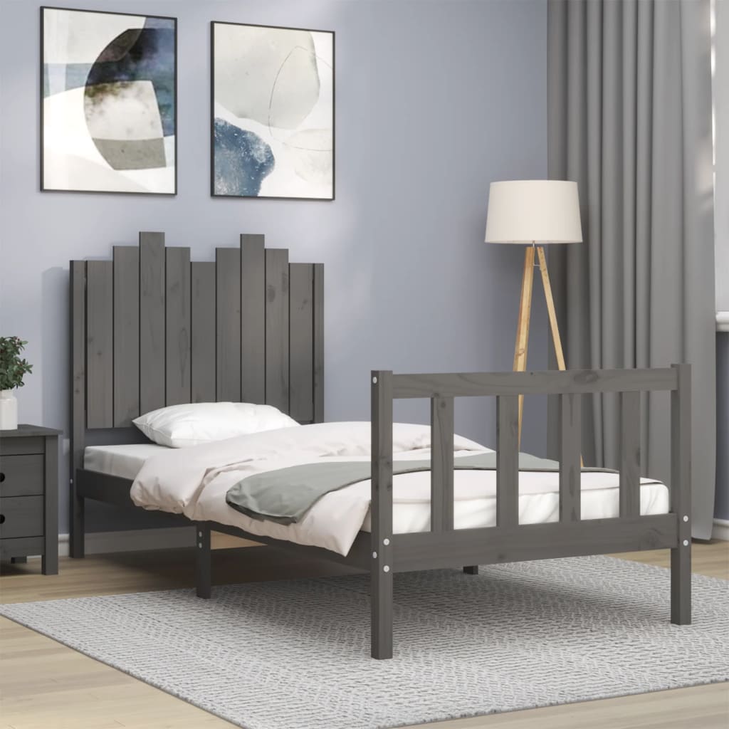 vidaXL Bed Frame with Headboard Grey 90x190 cm Single Solid Wood
