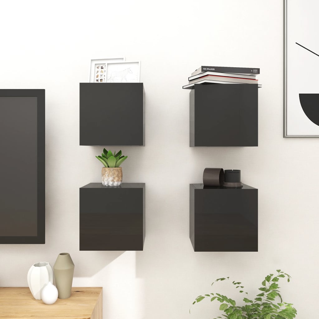 vidaXL Wall Mounted TV Cabinets 4 pcs High Gloss Black 30.5x30x30 cm
