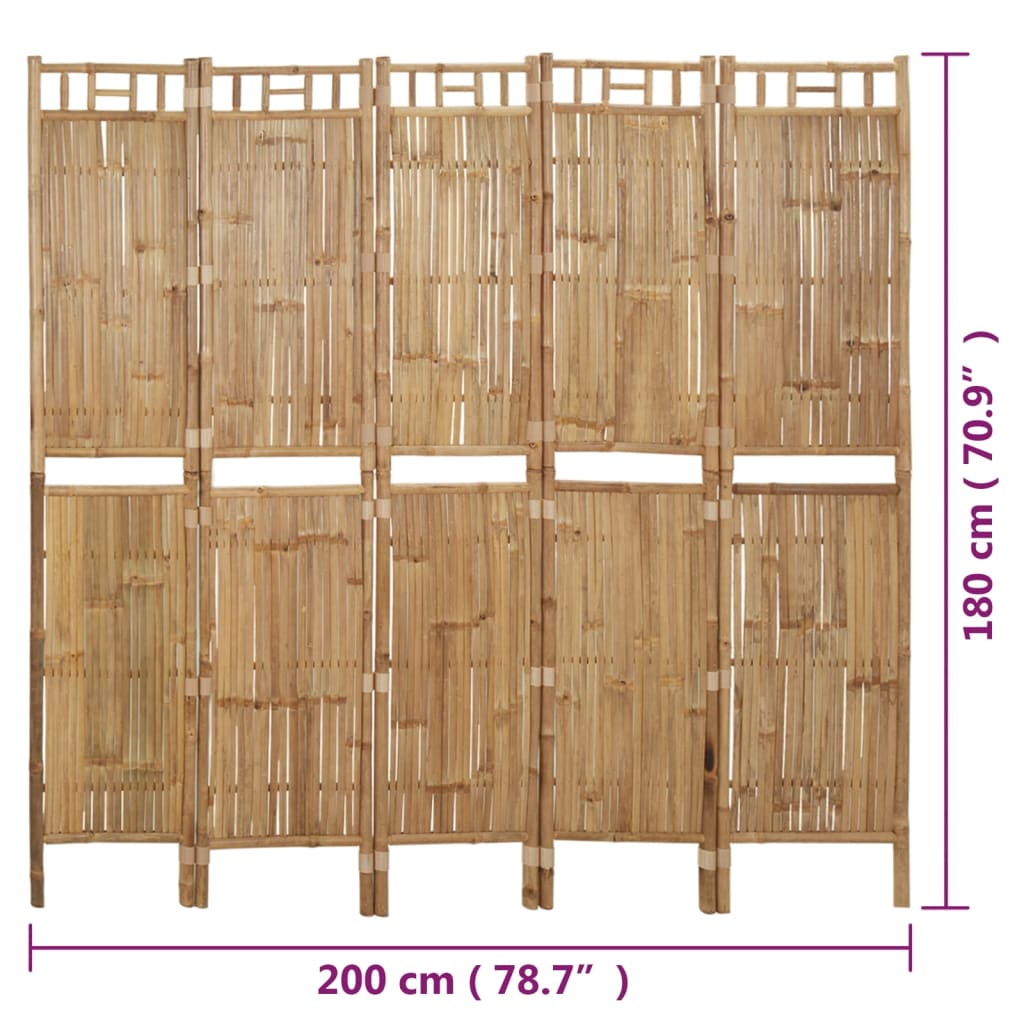 vidaXL 5-Panel Room Divider Bamboo 200x180 cm