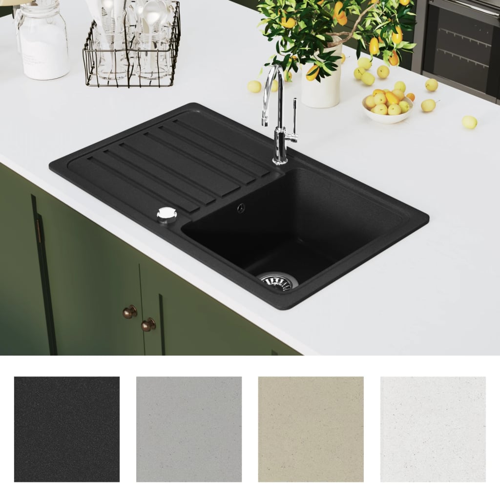 Granite Kitchen Sink Single Basin with Drainer Reversible Black