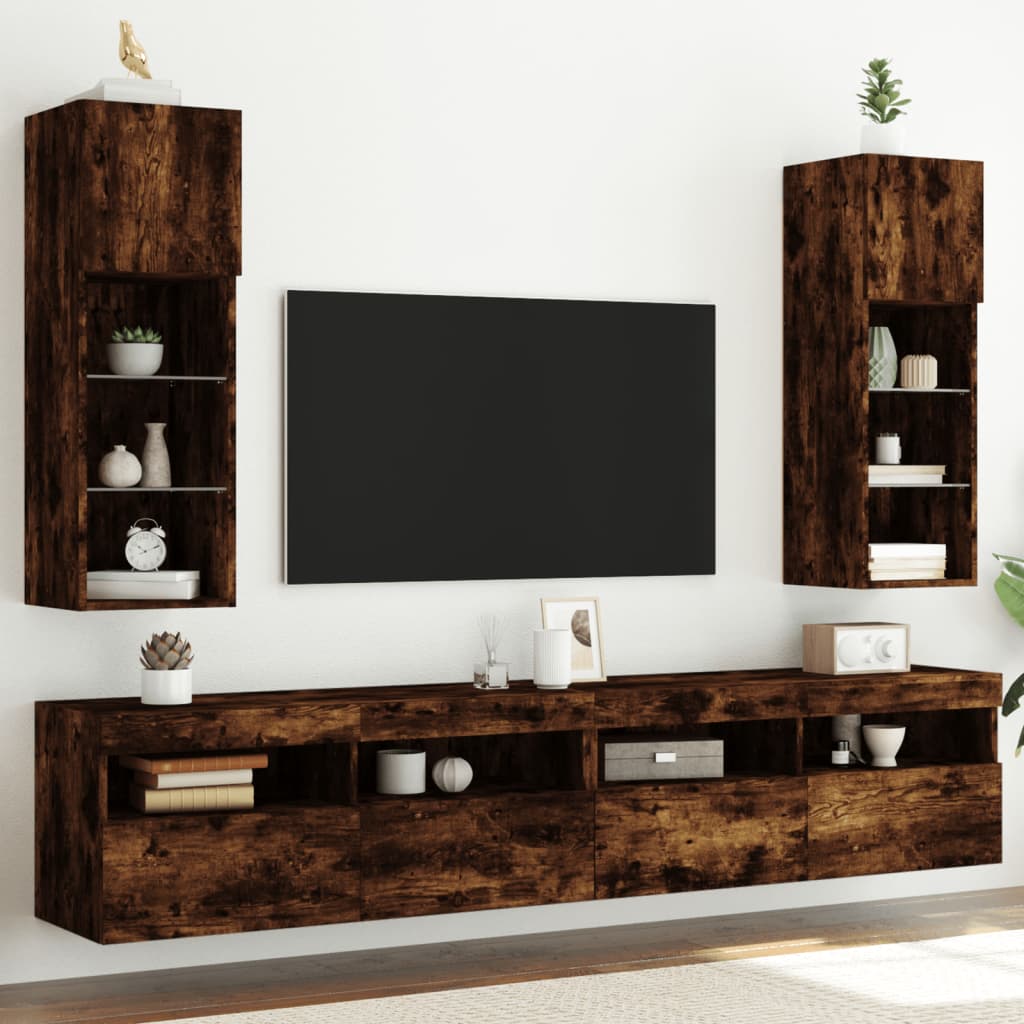 vidaXL TV Cabinets with LED Lights 2 pcs Smoked Oak 30.5x30x90 cm