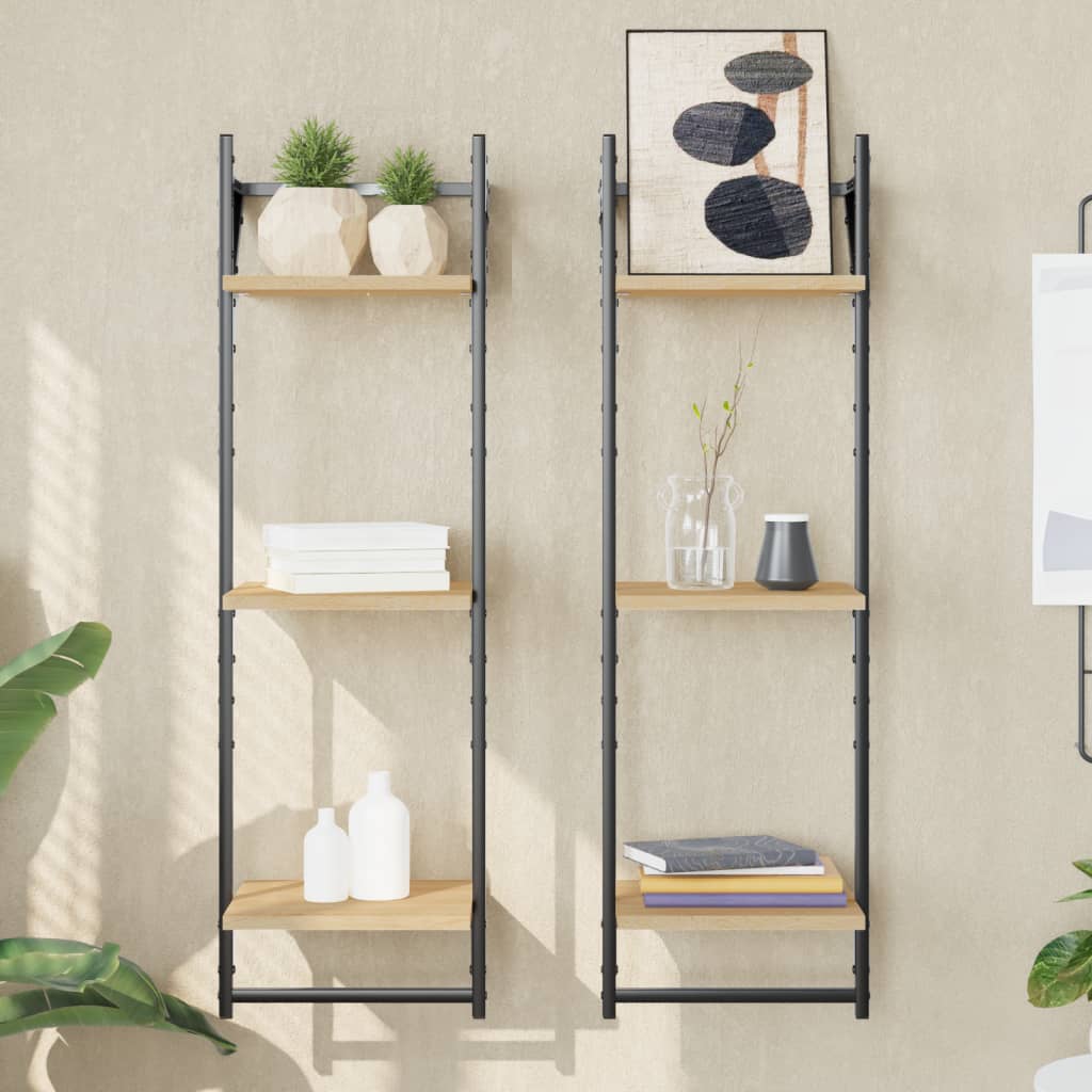 vidaXL 3-Tier Wall Shelves with Bars 2 pcs Sonoma Oak 30x25x100 cm