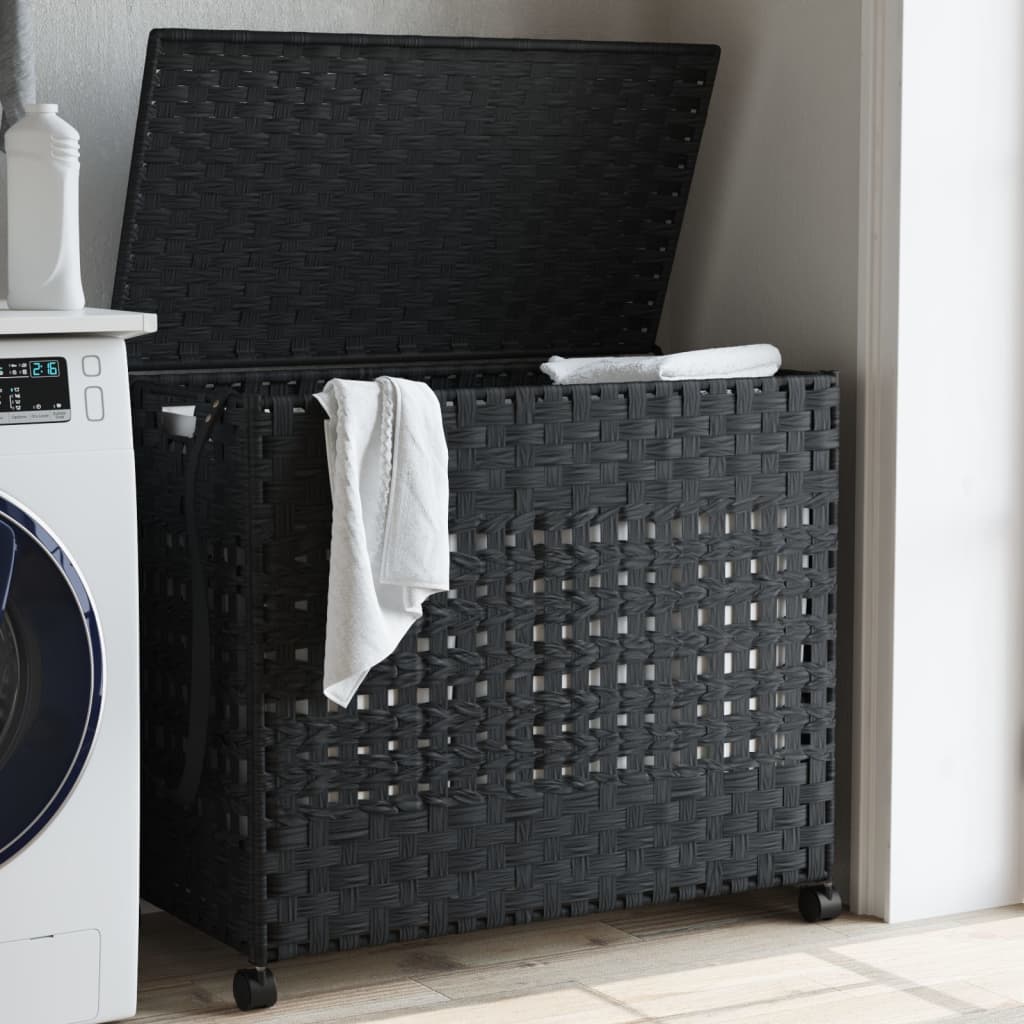 vidaXL Laundry Basket with Wheels Black 66x35x60 cm Rattan