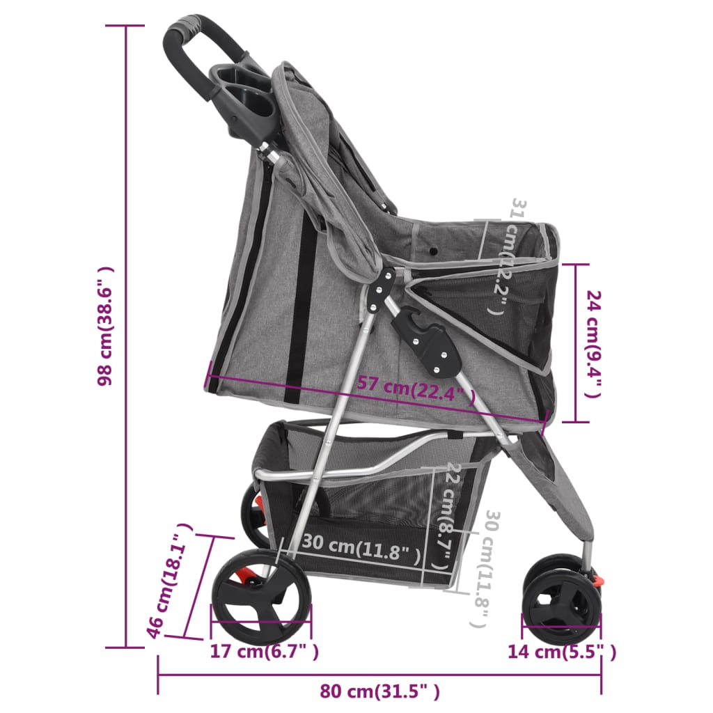 vidaXL Folding Dog Stroller Grey 80x46x98 cm Oxford Fabric