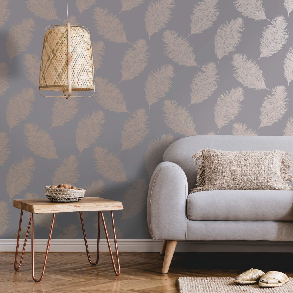 DUTCH WALLCOVERINGS Wallpaper Fawning Feather Grey and Rose Gold