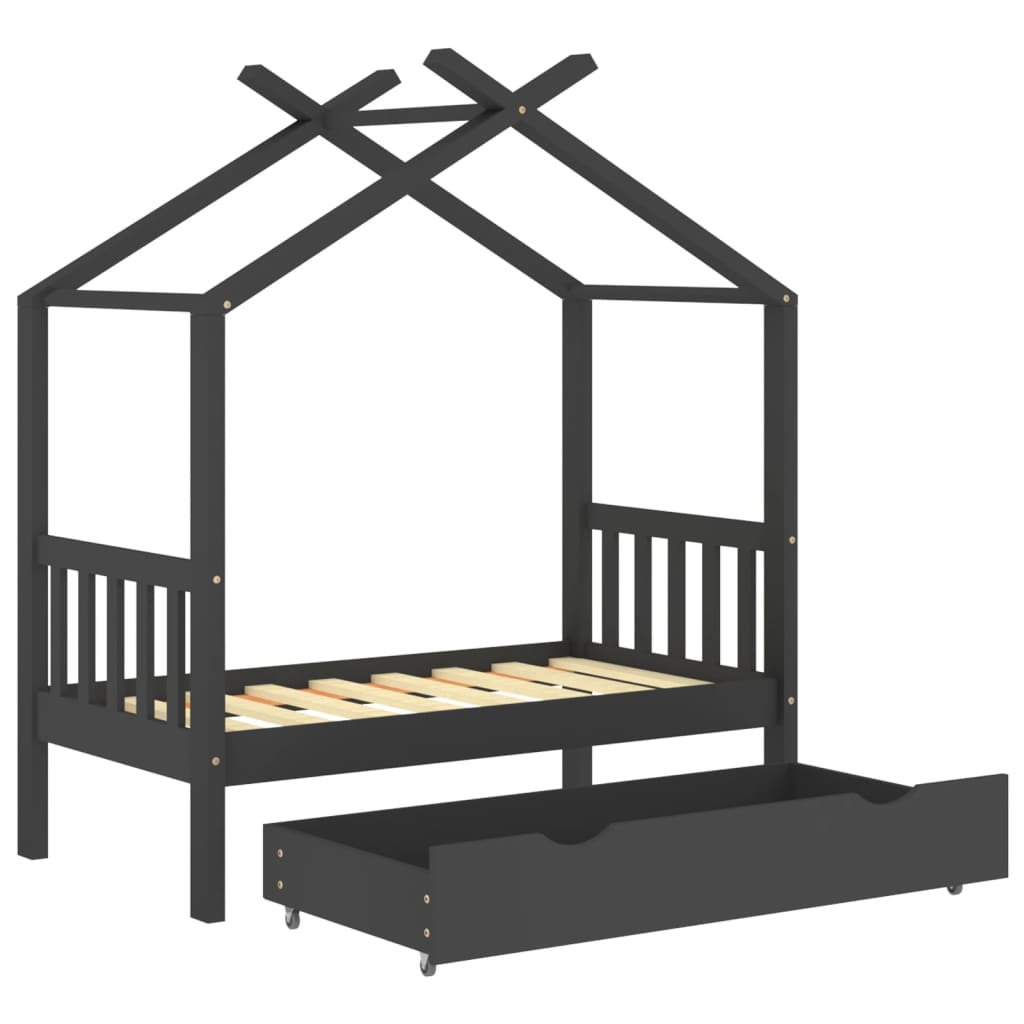 vidaXL Kids Bed Frame with a Drawer Dark Grey Solid Pine Wood 70x140cm
