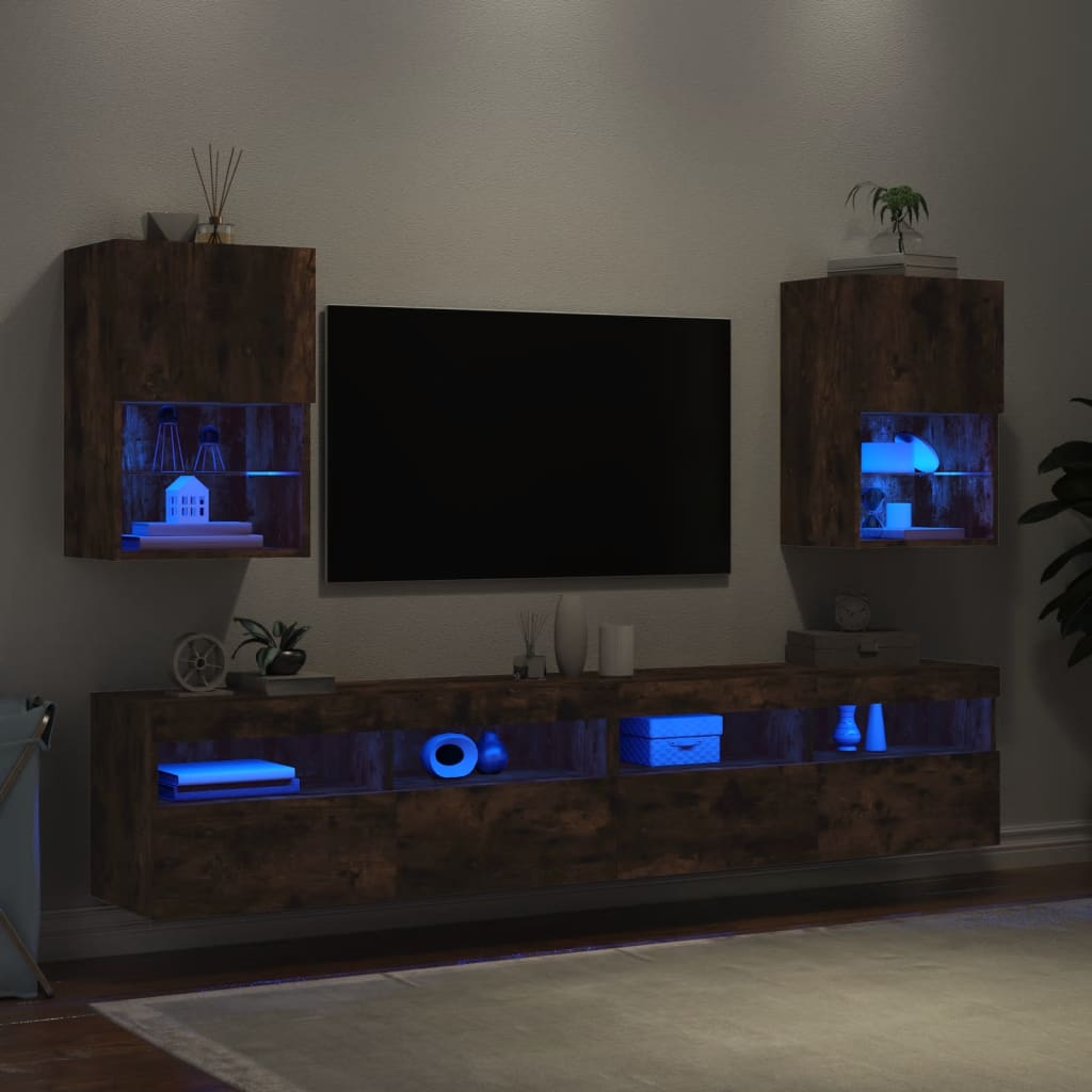 vidaXL TV Cabinets with LED Lights 2 pcs Smoked Oak 40.5x30x60 cm