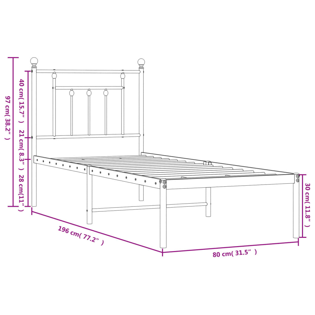 vidaXL Metal Bed Frame with Headboard White 75x190 cm Small Single
