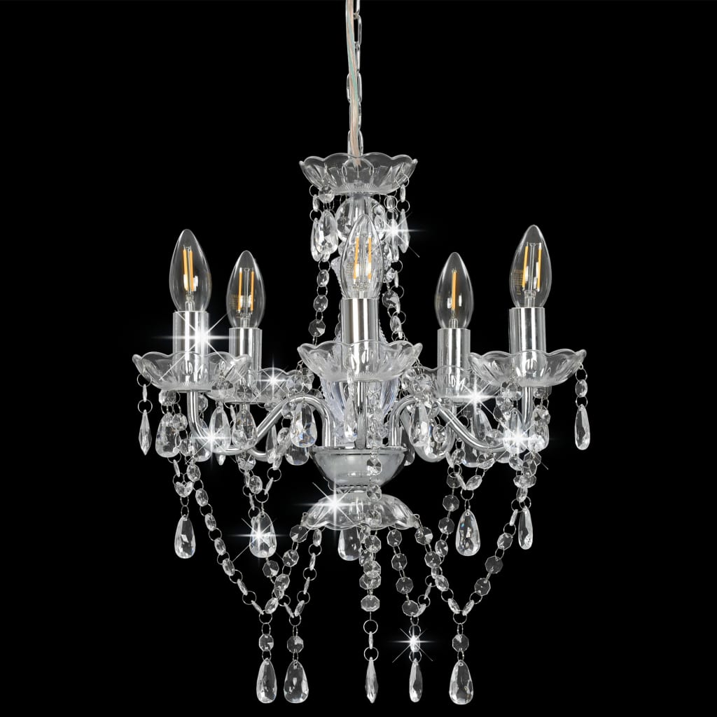 vidaXL Chandelier with Crystal Beads Silver Round 5 x E14