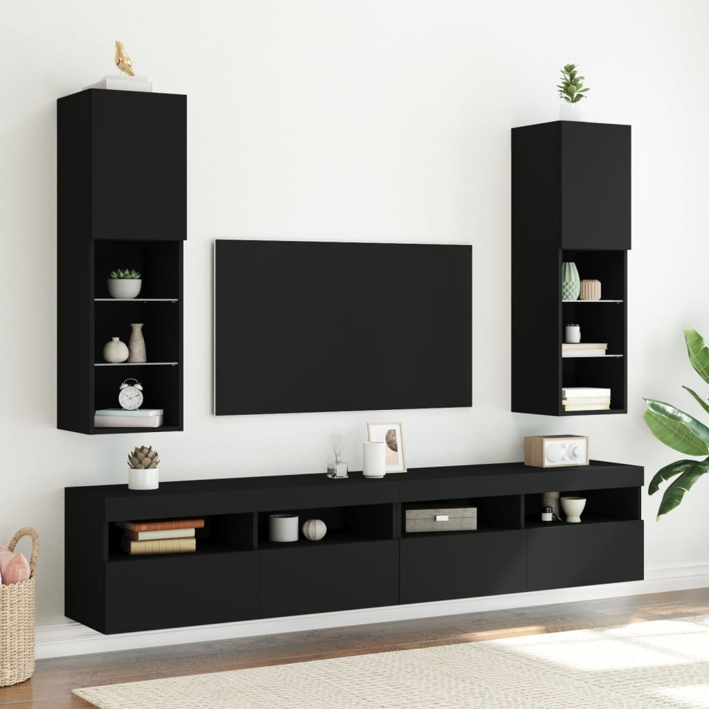 vidaXL TV Cabinets with LED Lights 2 pcs Black 30.5x30x102 cm