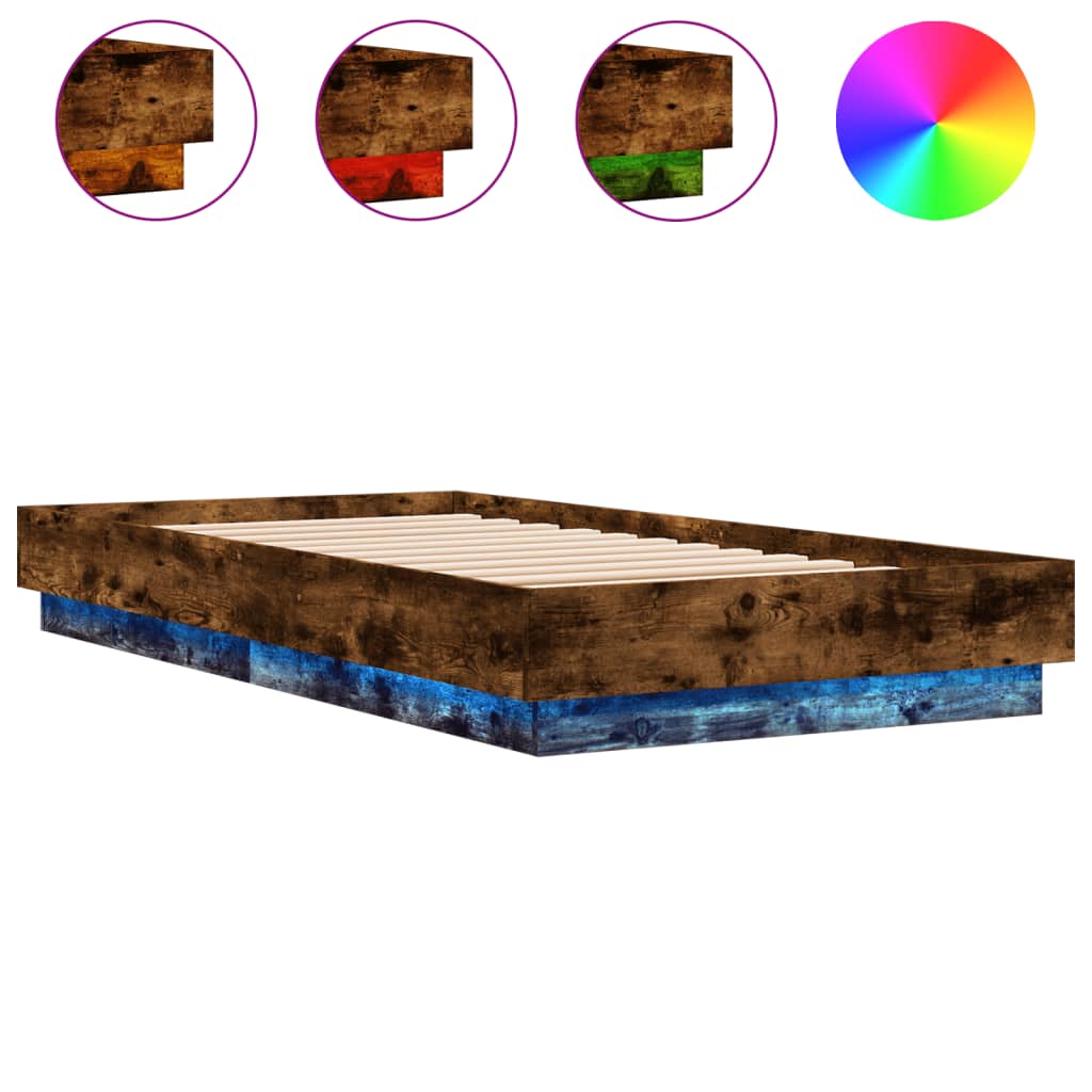vidaXL Bed Frame with LED Lights Smoked Oak 75x190 cm Small Single