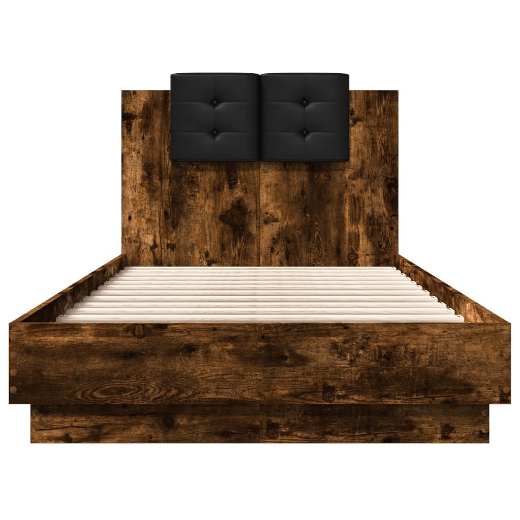vidaXL Bed Frame with Headboard and LED Lights Smoked Oak 75x190 cm Small Single