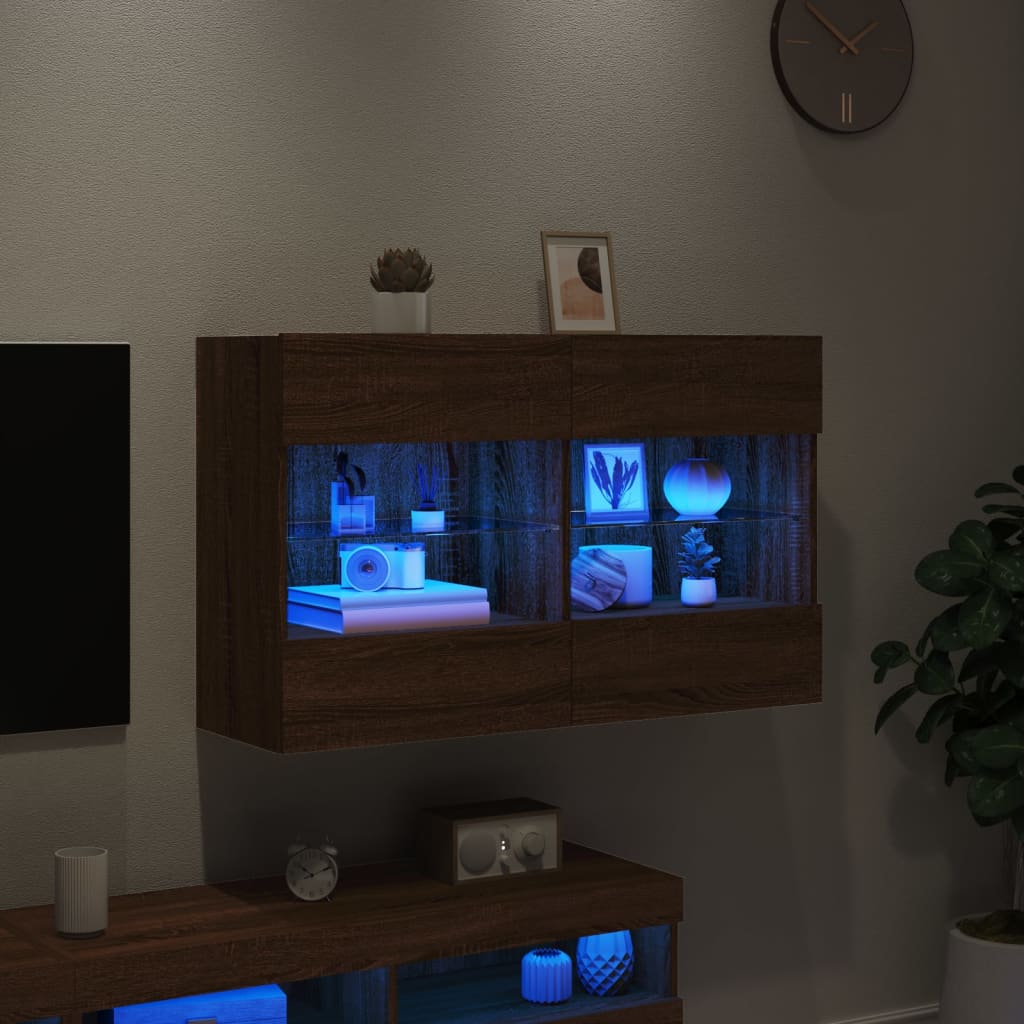 vidaXL TV Wall Cabinet with LED Lights Brown Oak 98.5x30x60.5 cm