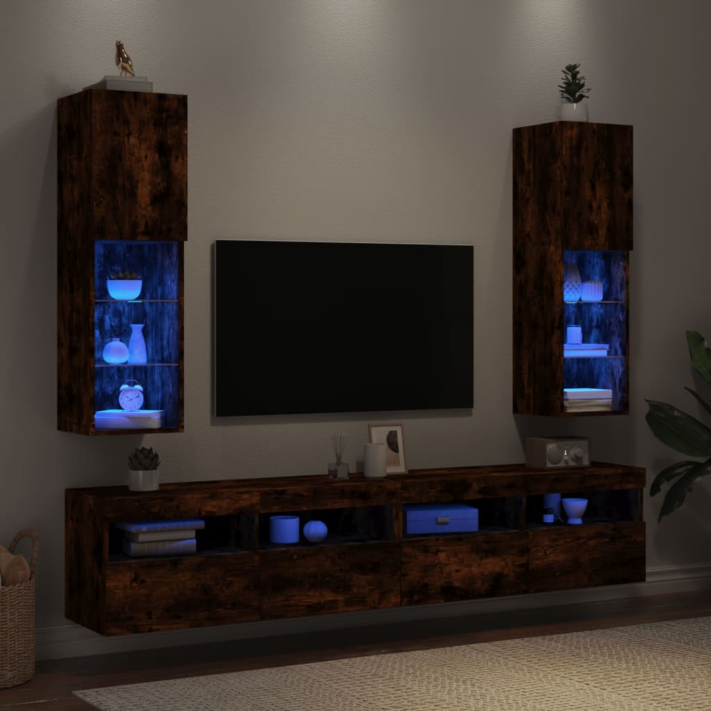 vidaXL TV Cabinets with LED Lights 2 pcs Smoked Oak 30.5x30x102 cm