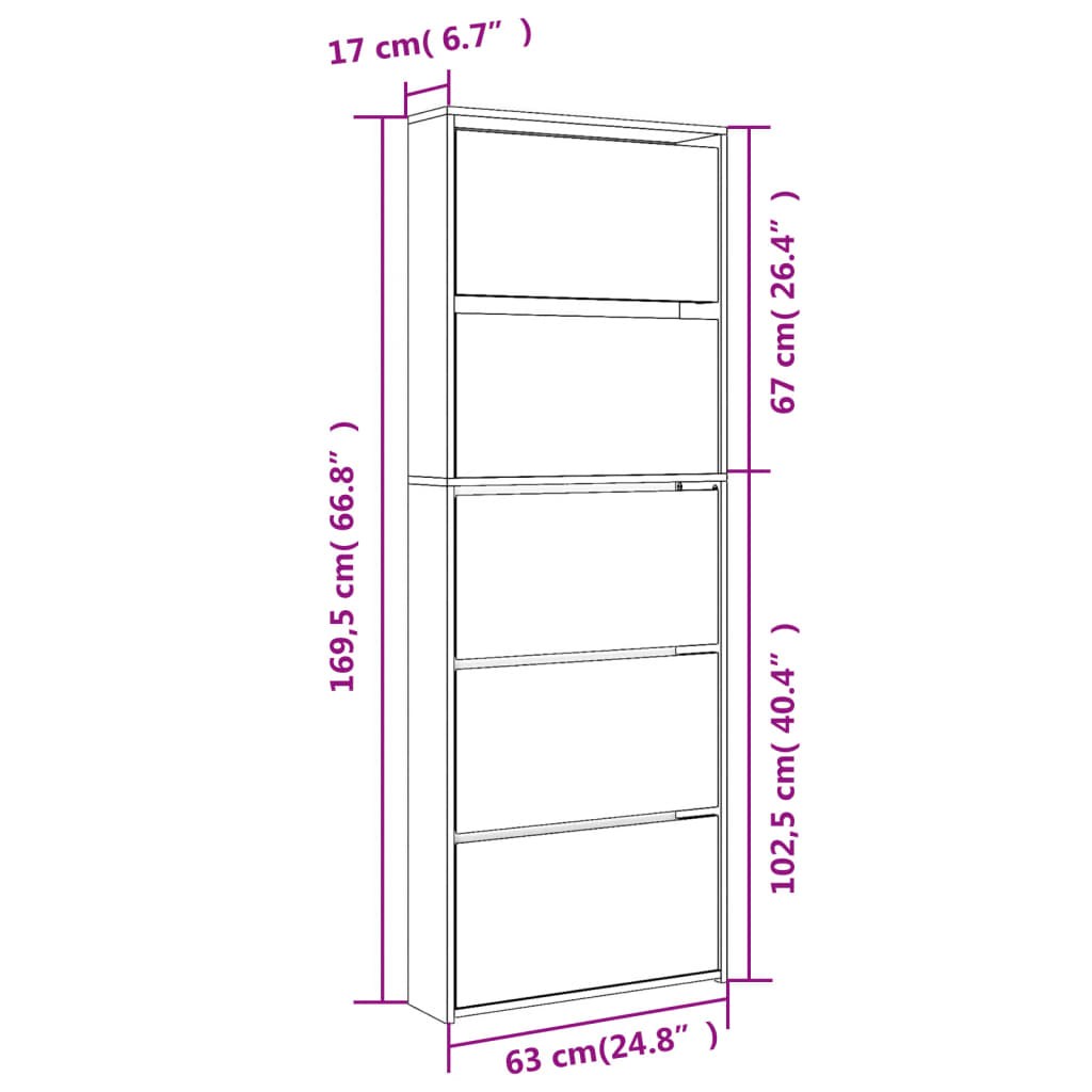 vidaXL Shoe Cabinet with Mirror 5-Layer High Gloss White 63x17x169.5 cm