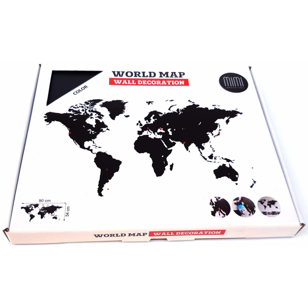 MiMi Innovations Wooden World Map Wall Decoration Luxury Black 90x54 cm