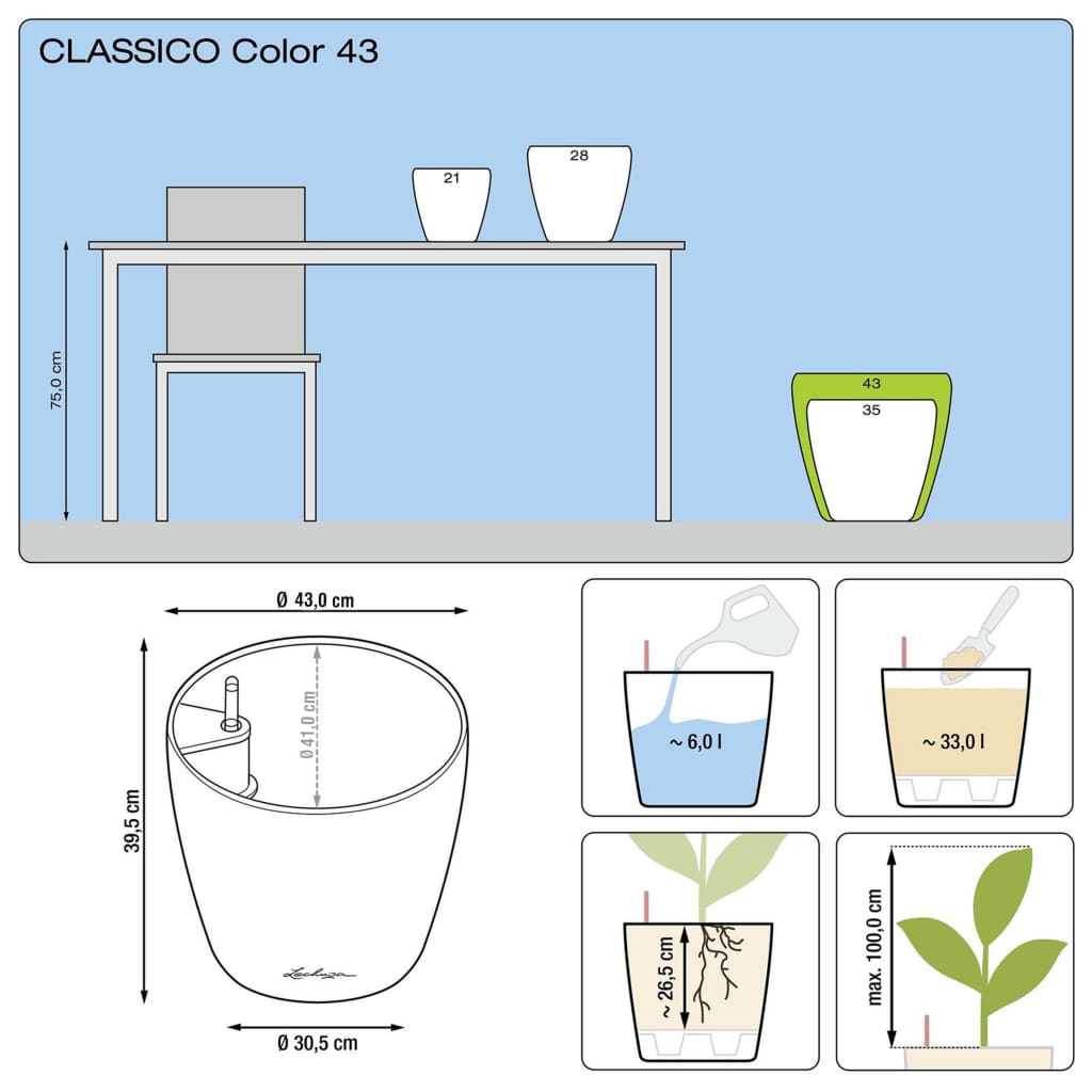 LECHUZA Planter Classico Color 43 ALL-IN-ONE Slate 13244