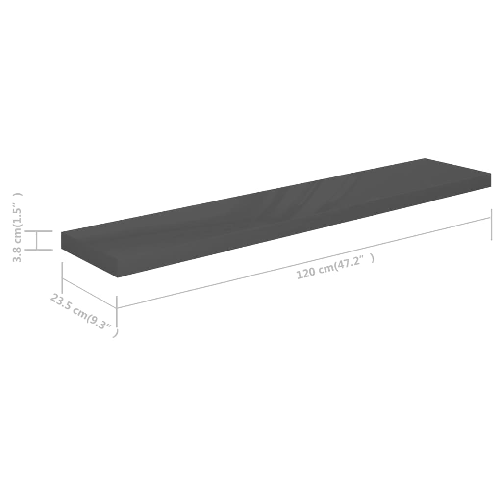 vidaXL Floating Wall Shelf High Gloss Grey 120x23.5x3.8 cm MDF