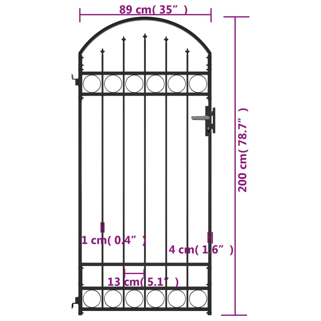 vidaXL Fence Gate with Arched Top Steel 89x200 cm Black