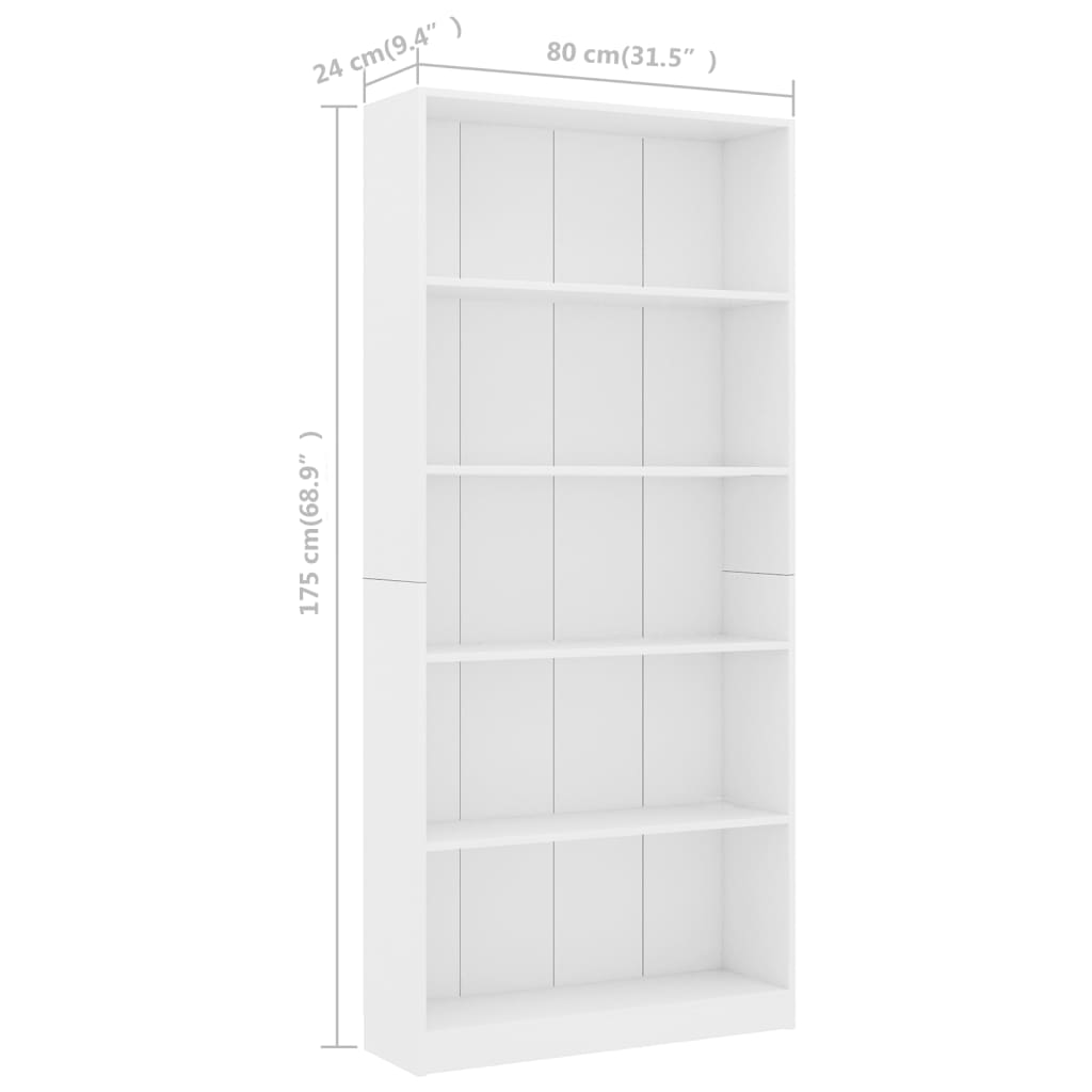 vidaXL 5-Tier Book Cabinet White 80x24x175 cm Engineered Wood