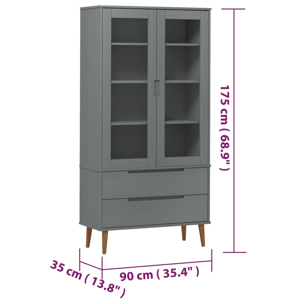 vidaXL Vitrine Cabinet MOLDE Grey 90x35x175 cm Solid Wood Pine