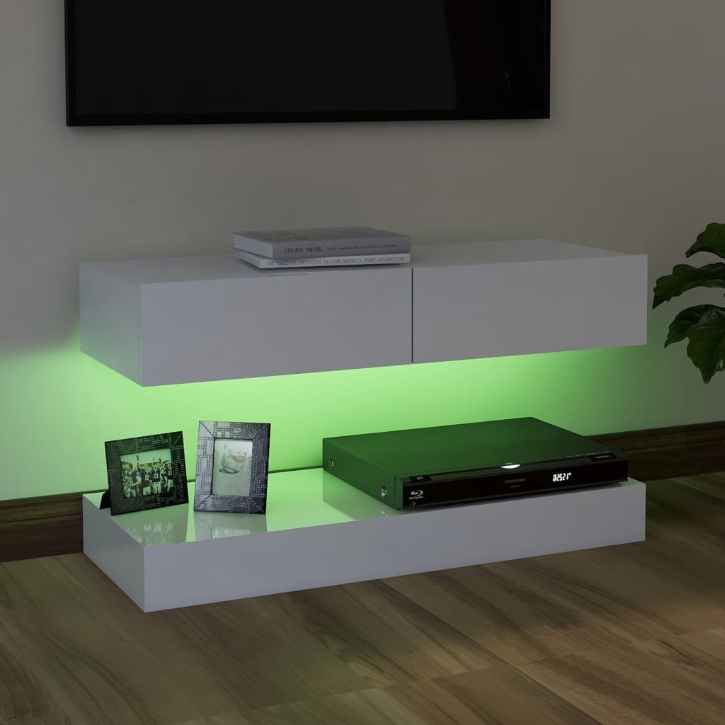 vidaXL TV Cabinet with LED Lights High Gloss White 90x35 cm