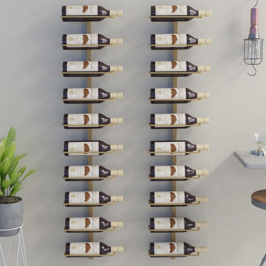 vidaXL Wall-mounted Wine Rack for 10 Bottles 2 pcs Gold Metal