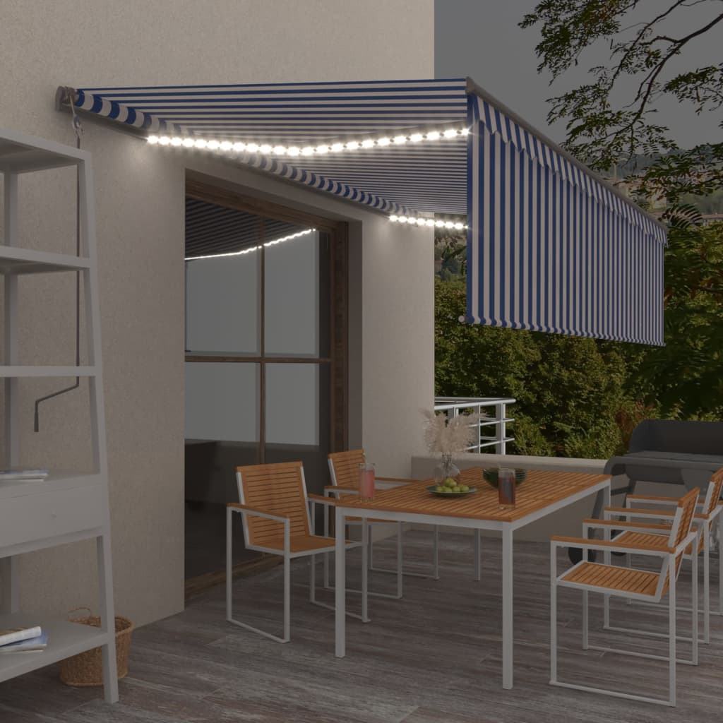 vidaXL Manual Retractable Awning with Blind&LED 5x3m Blue&White