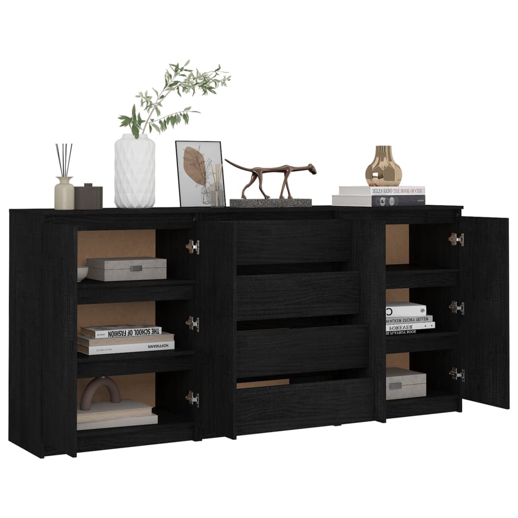 vidaXL Side Cabinets 3 pcs Black Solid Pinewood