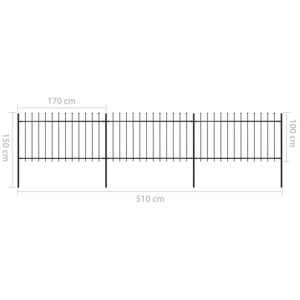 vidaXL Garden Fence with Spear Top Steel 5.1x1 m Black