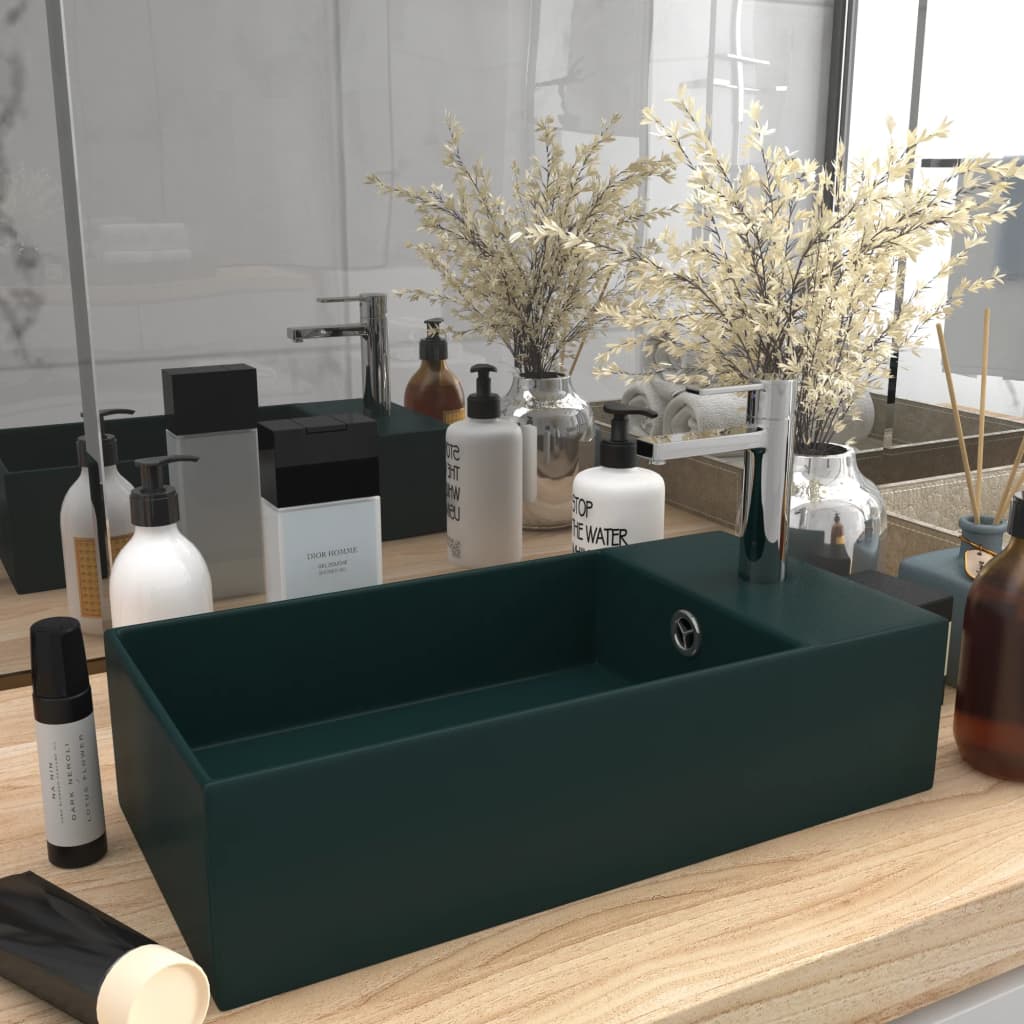 vidaXL Bathroom Sink with Overflow Ceramic Dark Green