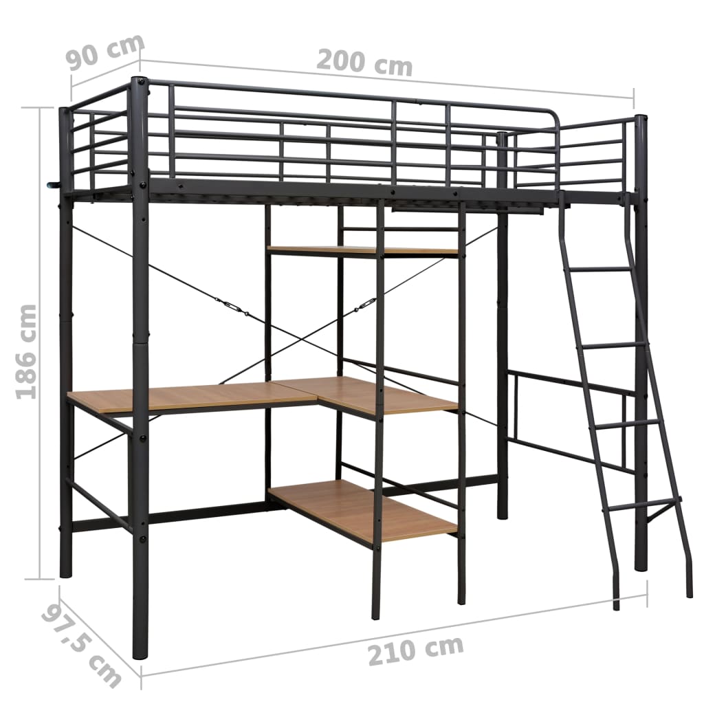 vidaXL Bunk Bed with Table Frame Grey Metal 90x200 cm
