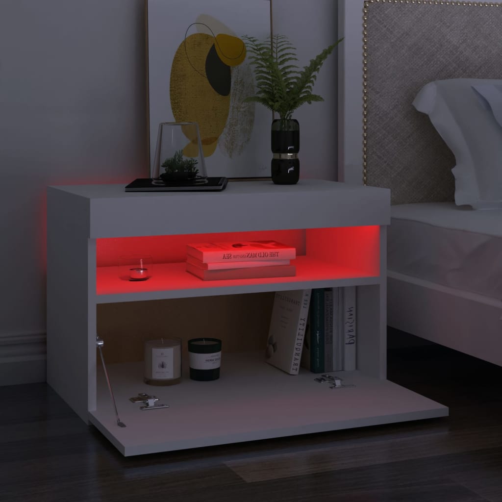 vidaXL Bedside Cabinet & LED Lights White 60x35x40 cm Engineered Wood
