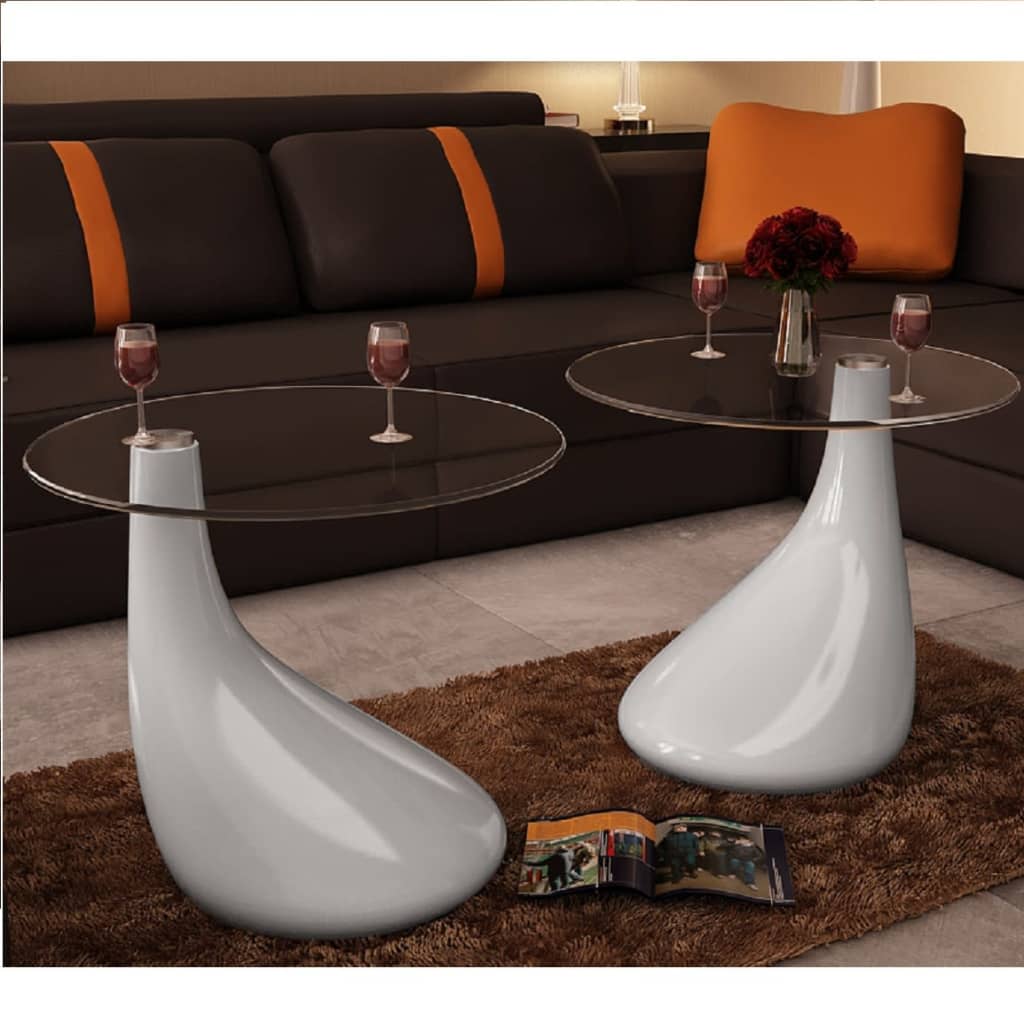 vidaXL Coffee Table 2 pcs with Round Glass Top High Gloss White